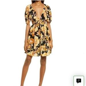 NWT Bardot Floral Open Back Minidress Black Yellow Short Sleeve Sundress Size XL